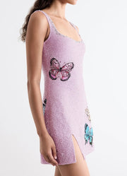 Sexy Slim U-Neck Butterfly Embroidery Shiny Dress