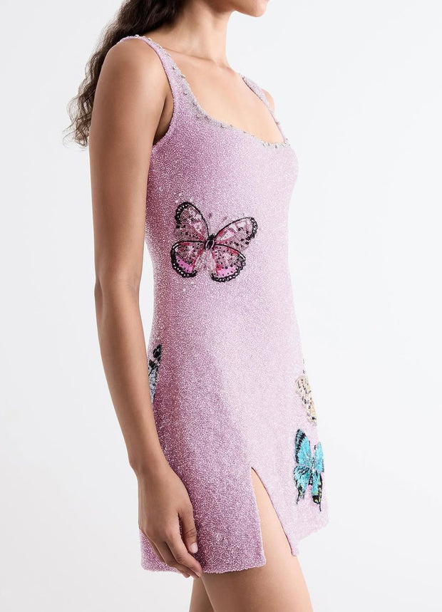 Sexy Slim U-Neck Butterfly Embroidery Shiny Dress
