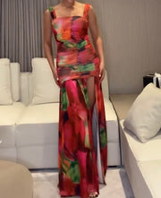 Elegant Spaghetti-Strap Floral Print Fold Split Dress