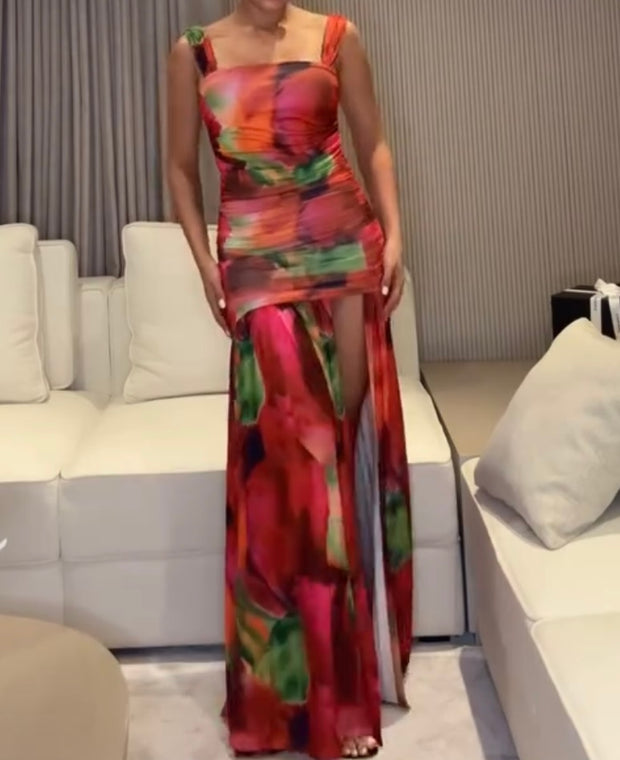Elegant Spaghetti-Strap Floral Print Fold Split Dress