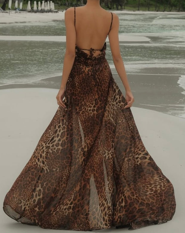 Fashion Leopard Print Backless Slit Sexy Sling Dress