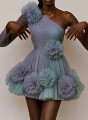 Sexy Oblique Shoulder Gradient Color Mesh Three-Dimensional Flower Pleated Dress