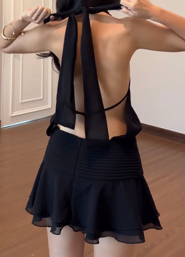 Elegant Halter Vest Sleeveless High Waist Lotus Leaf Skirt