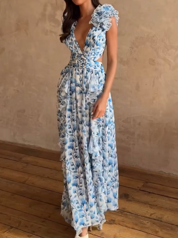 Sleeveless Fold Floral Split Sexy Dress