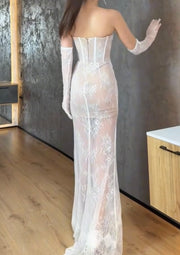 White Lace Fishbone Embroidered Sequin High Waist Slim Fit Party Gathering Banquet Evening Dress