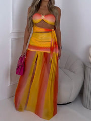 Women's Sexy Temperament Holiday Fashion Tube Top Gradient Pleated Casual Two-Piece Suit Skirt