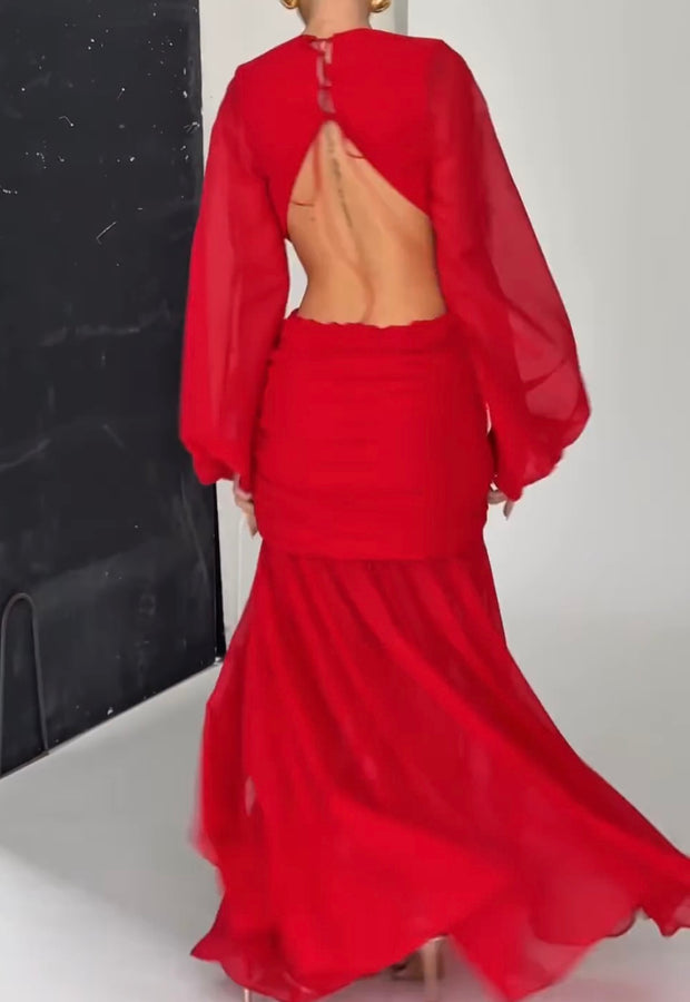 Chiffon Yarn Sleeve Sexy Backless Fashion Solid Color Hollow Dress