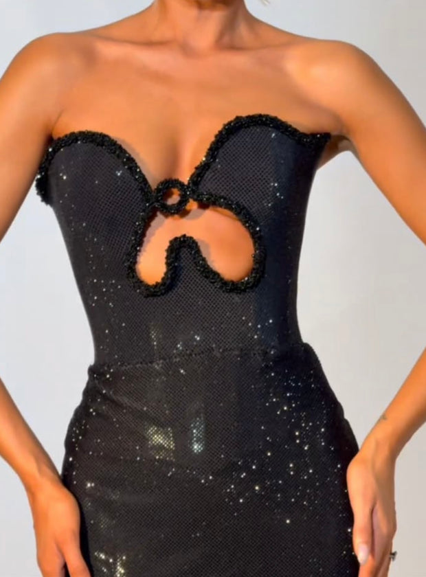 Sexy Tube Top Fishbone Sequins Hollow Waist Dress
