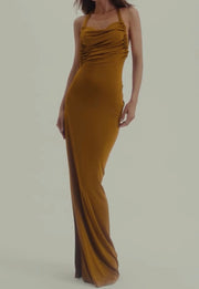 Sexy Halter Solid Color Hollow Pleated Dress