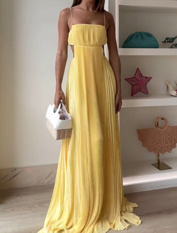 Sexy Elegant Waist Slimming Yellow Gallus Pleated Hollow Dress