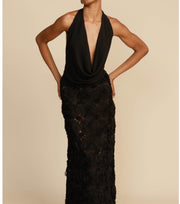Fashion Hot Girl Sexy Three-Dimensional Flower Backless Pleated Halter Dress