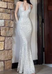 Advanced Rhinestone Halter Solid Color Sheath Sexy Sleeveless Dress