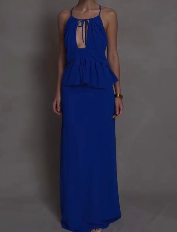 Sexy Halter Hollow Sleeveless Patchwork Long Dress