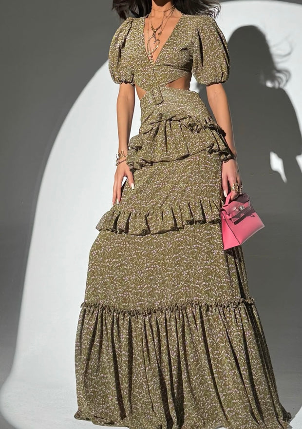 Fashion Temperament V-neck Hollow Printing Cake Dress