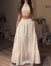Lace Stitching Butterfly Hollow Short Sleeve High Waist Skirt Suit