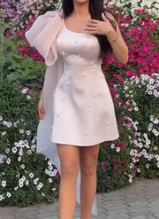 Elegant Oblique Shoulder Mesh Ribbon Dress