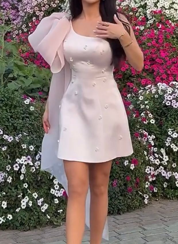 Elegant Oblique Shoulder Mesh Ribbon Dress