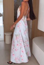 Lace Stitching Printing Strap Temperament Dress