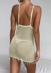 Knitted Hollow Sexy V-neck Halter Backless Lace-up Beach Dress