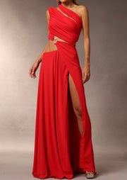 Elegant Slant Shoulder Buckle Hollow Split Dress