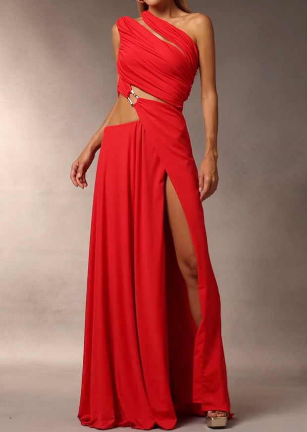 Elegant Slant Shoulder Buckle Hollow Split Dress