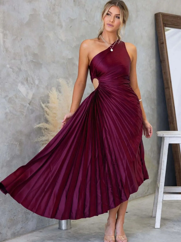 Full Size Single Shoulder Pleated Midi Dress Plus Size