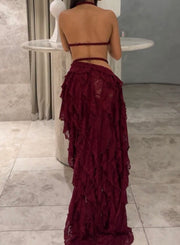 Backless Strap Personalized Lace Hollow Sheath Skirt