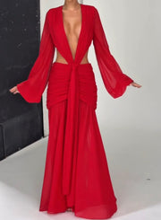 Chiffon Yarn Sleeve Sexy Backless Fashion Solid Color Hollow Dress