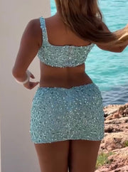 Sexy Camisole Rhinestone Vest Skirt Outfit