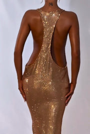 Sexy Deep V Sleeveless Halter Elegant Sequins Backless Waist Trimming Hip Skirt