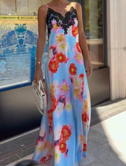 Sexy Spaghetti-Strap Floral Print Stitching Lace Dress
