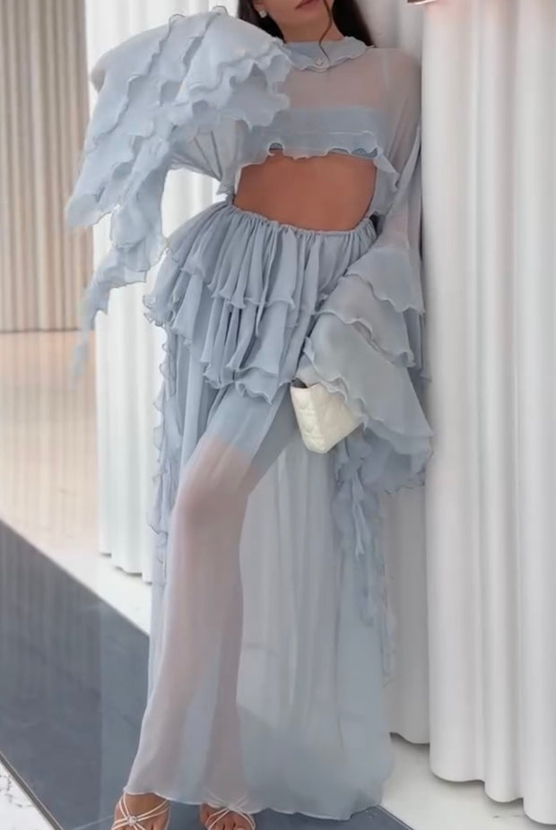 See-through Ruffled Layered Hollow-out Dress