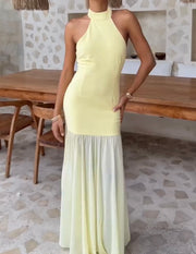Elegant Halter Backless Hip-Wrapped Stitching Mesh Dress