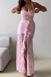 Elegant Halter Lace Fashion Sexy Sleeveless Backless Slim Fit Dress
