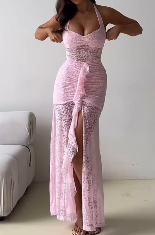 Elegant Halter Lace Fashion Sexy Sleeveless Backless Slim Fit Dress