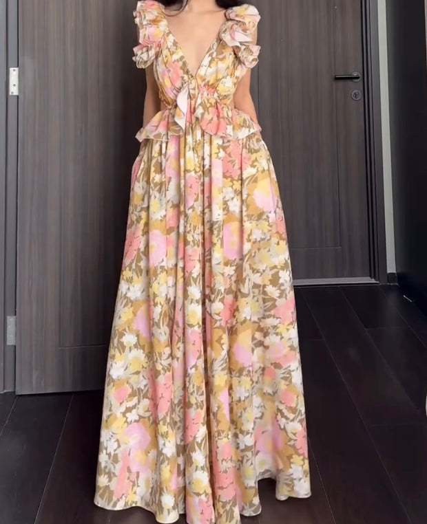 Elegant Printed V-neck Ruffled Hollow Sleeveless Lace-up Backless Dress