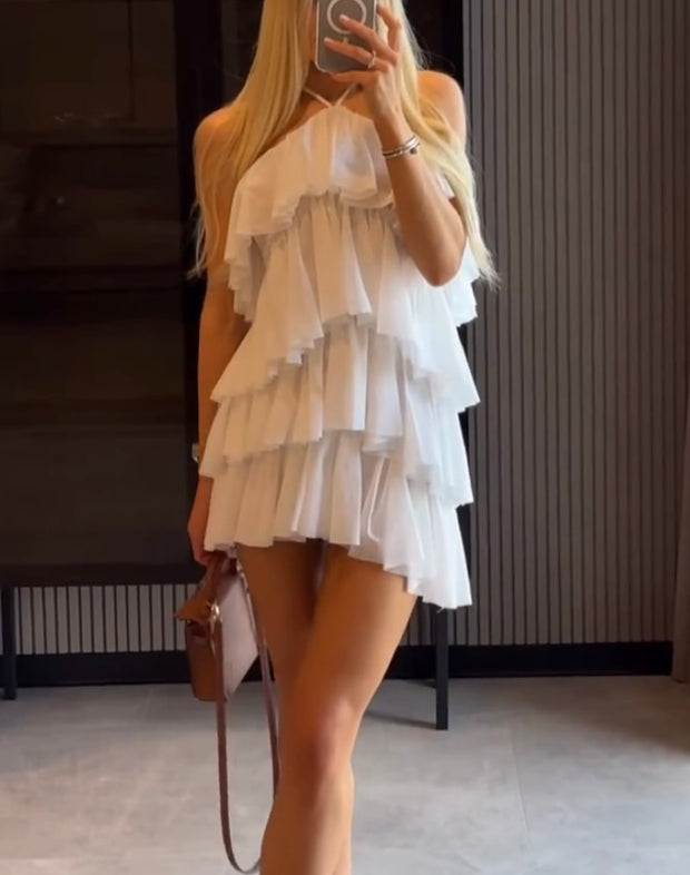 Pure Color Halter Ruffled Tiered Dress