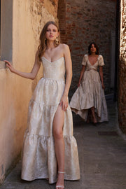 The Vivian Dress in Taupe Windsor Brocade