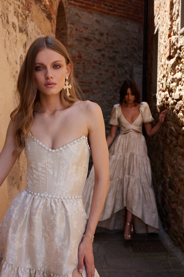 The Vivian Dress in Taupe Windsor Brocade