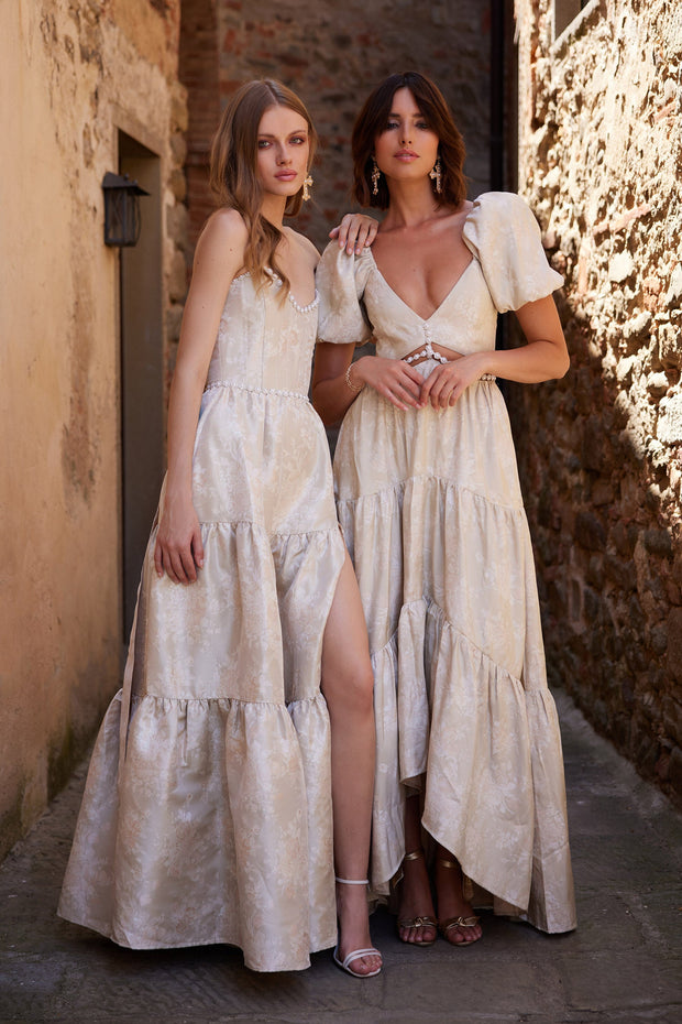 The Emma Dress in Taupe Windsor Brocade