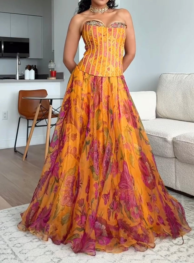 Elegant Graceful Sleeveless Tube Top Fishbone Vest Printed Pleated Large Swing Skirt Suit