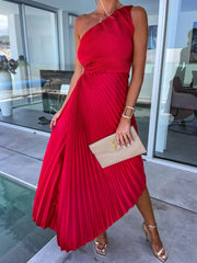 Full Size Single Shoulder Pleated Midi Dress Plus Size
