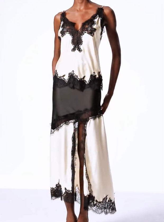Lightly Mature Elegant and Fashionable Sleeveless Stitching Lace Long Suspender Skirt