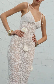 Sexy Sling Lace Three-Dimensional Flower Slightly See-through Dress