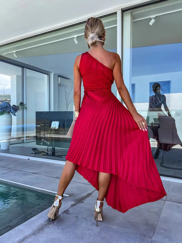 Full Size Single Shoulder Pleated Midi Dress Plus Size