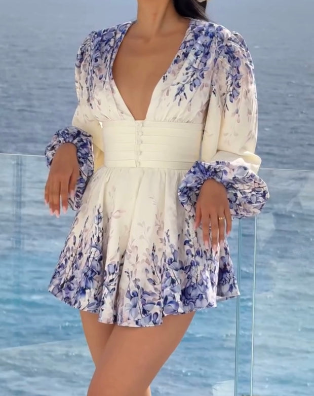 Elegant Fashion V-neck Long Sleeve Printed Short Dress