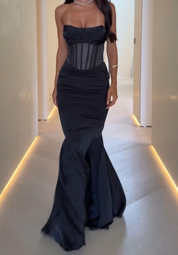 Sexy Bandeau Lace Fishbone Sheath Pleated Dress