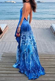 Beautiful Halter Waist Trimming Printing Slimming Dress
