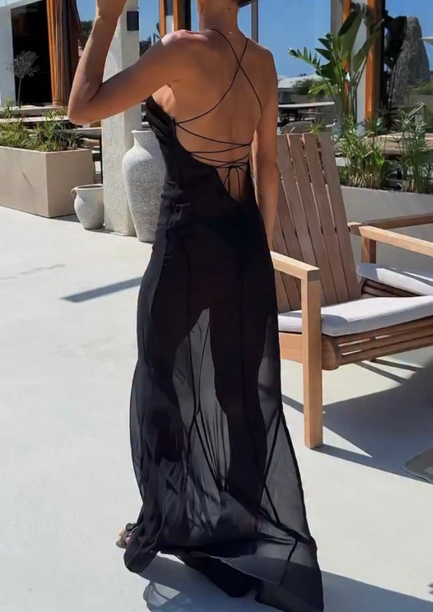 Sexy Halter V-neck Hollow-out Mesh Stitching See-through Long Dress