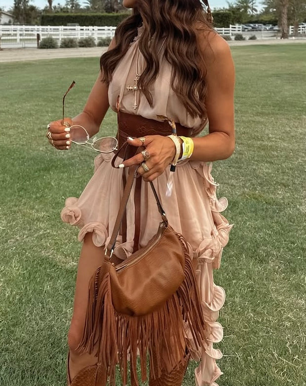 Elegant Sleeveless Halter Top Curling Mid-Length Dress Set